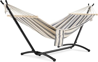 VonHaus Hammock with Stand Freestanding 1 Person Polycotton Blue White