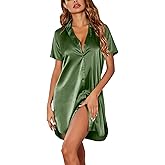 Ekouaer Satin Nightshirt for Women Button Down Nightgown Silk Short Sleeve Sleepshirt Notch Collar Sleepwear S-3XL