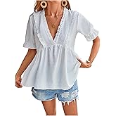 SHENHE Women's Summer Short Sleeve Babydoll Top Ruffle V Neck Swiss Dots Flowy Shirt Blouse