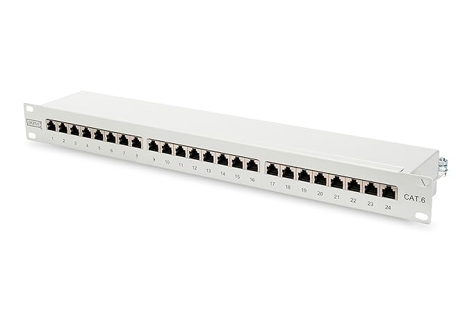 DIGITUS Professional, Cat 6 LSA Patchpanel, 24-Port, 19” Rackmontage 1HE, geschirmt, zentraler Erdungsanschluss, Grau