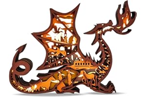 FNYDOX 3D Wooden Animals Carving LED Night Light, Dragon Decor Wood Carved Lamp Cabin Statues Rustic Figurines Wall Hanging Sculpture Silhouette Ornament for Living Room Bedroom Home Room for Birthday Gifts