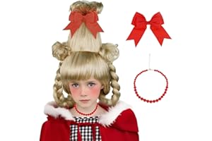 Aicos Blonde Braid Wig for Kids Lond Blonde Hair with Necklace+Red Bow for Christmas Halloween Costume Cosplay Wig