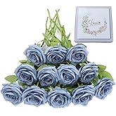 LVEFIT Artificial Rose Flower Dusty Blue Flowers Dusty Blue Roses Silk Flowers 12 pcs with Long Stem Silk Roses Bouquet for Wedding Bridal Shower Party Home Decoration