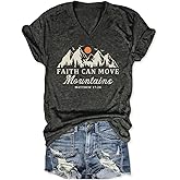 GOLPKEQ Faith Can Move Mountains Tshirt Women Christian V Neck Shirts Inspirational Tee Religious Saying Tops