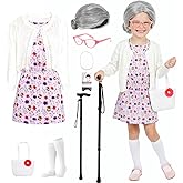 PJT 100 Days of School Girls Old Lady Costume for Kids,Grandma Dress up Granny Wig Glasses Cane for Toddler Cosplay