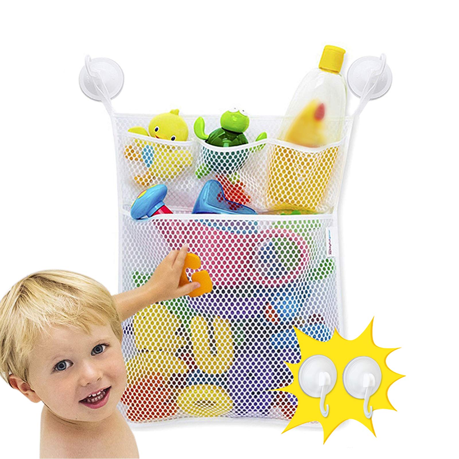 Baby Bath Toy Storage Bag(17.7x13in) with 4 Suction Cups,Multi Functional Washable Mesh Bath Toys Organizer,Mesh Bag for Bath Toys