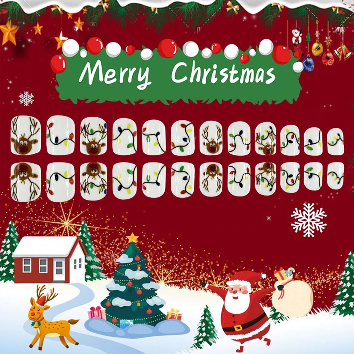 Christmas White Press on Nails Square Short Fake Nails Cute Elk False Nails with Cartoon Xmas Colorful Lights Designs Full Cover Acrylic Nails with Nail Glue Reusable Stick on Nails for Women 24Pcs - Image 5