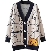 ebossy Women's Kawaii Cartoon Cat Cardigan Japanese Aesthetic Button Down Jacquard Knit Sweater Coat