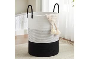 Cotton Rope Laundry Hamper by Fiona's magic, Tall Woven Laundry Basket Storage, Baby Nursery Hamper for Blankets, Toys and Clothes Hamper for Bedroom and Living Room Organizing, 58L, Black & White