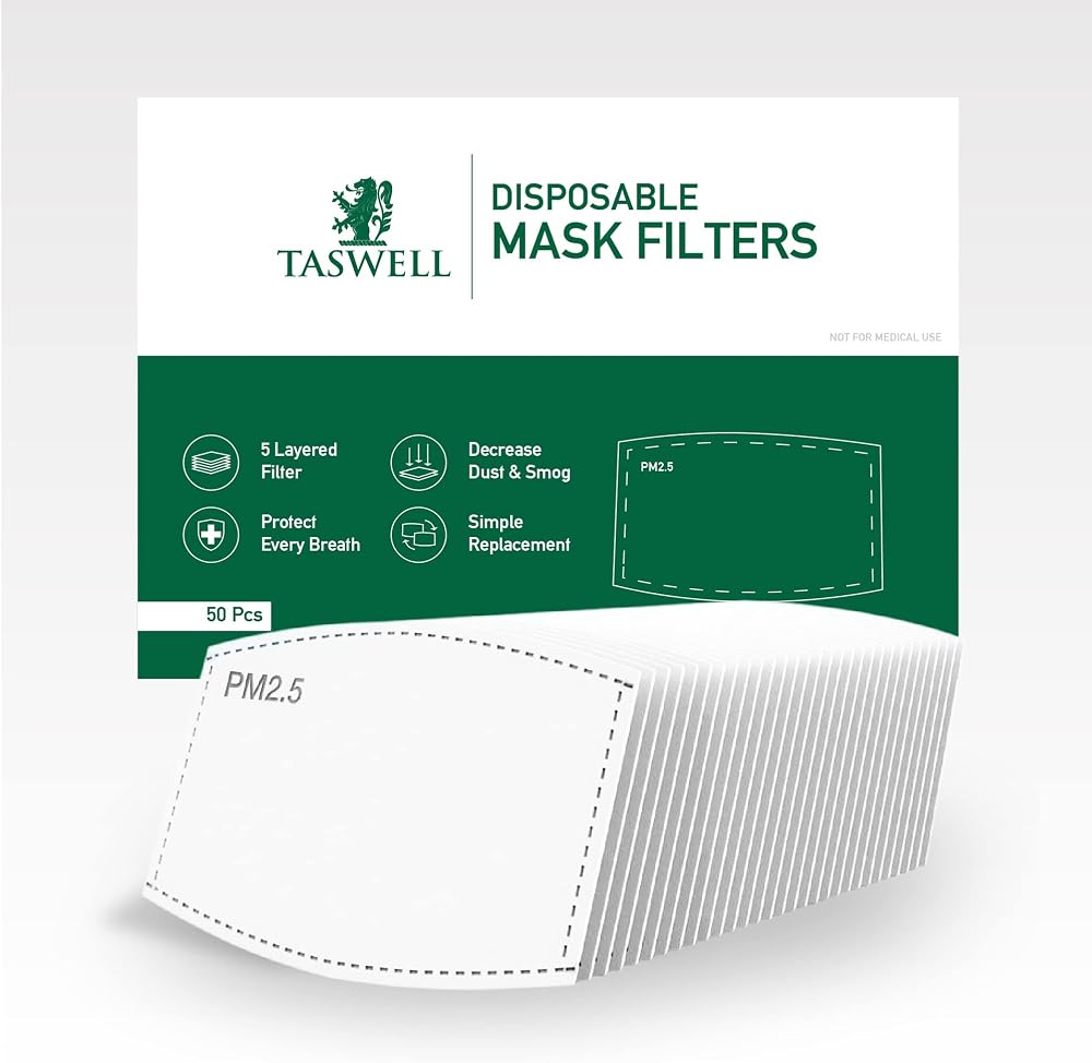 Taswell 50pcs PM2.5 Activated Carbon Filter Mask Filter Replacement Pads 5 Layer