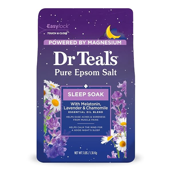 DR TEAL’S PURE EPSOM SALT SOAK, SLEEP BLEND WITH MELATONIN, LAVENDER & CHAMOMILE ESSENTIAL OILS, 3 LBS