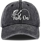 Fish On,Funny Baseball Cap,Fishing Baseball Cap,Gifts for Fishing Lover,Funny Vintage Cotton Washed Baseball Caps,One Size Black