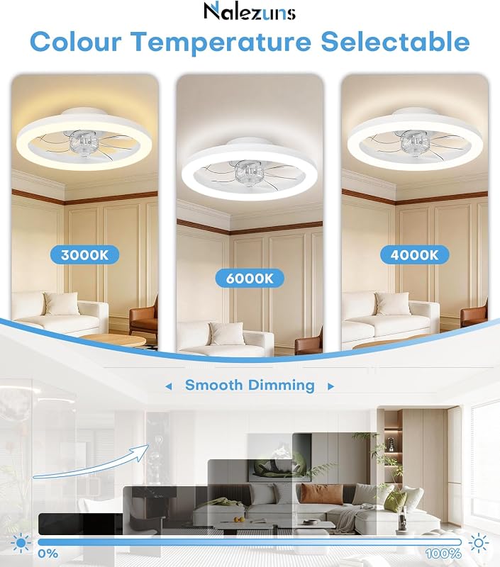 Deckenventilator mit Beleuchtung, 40cm LED Dimmbar Deckenbeleuchtung, App und Fernbedienung, Esszimmer lampe mit ventilator, 6-Gang, Timer, leise, Weiß