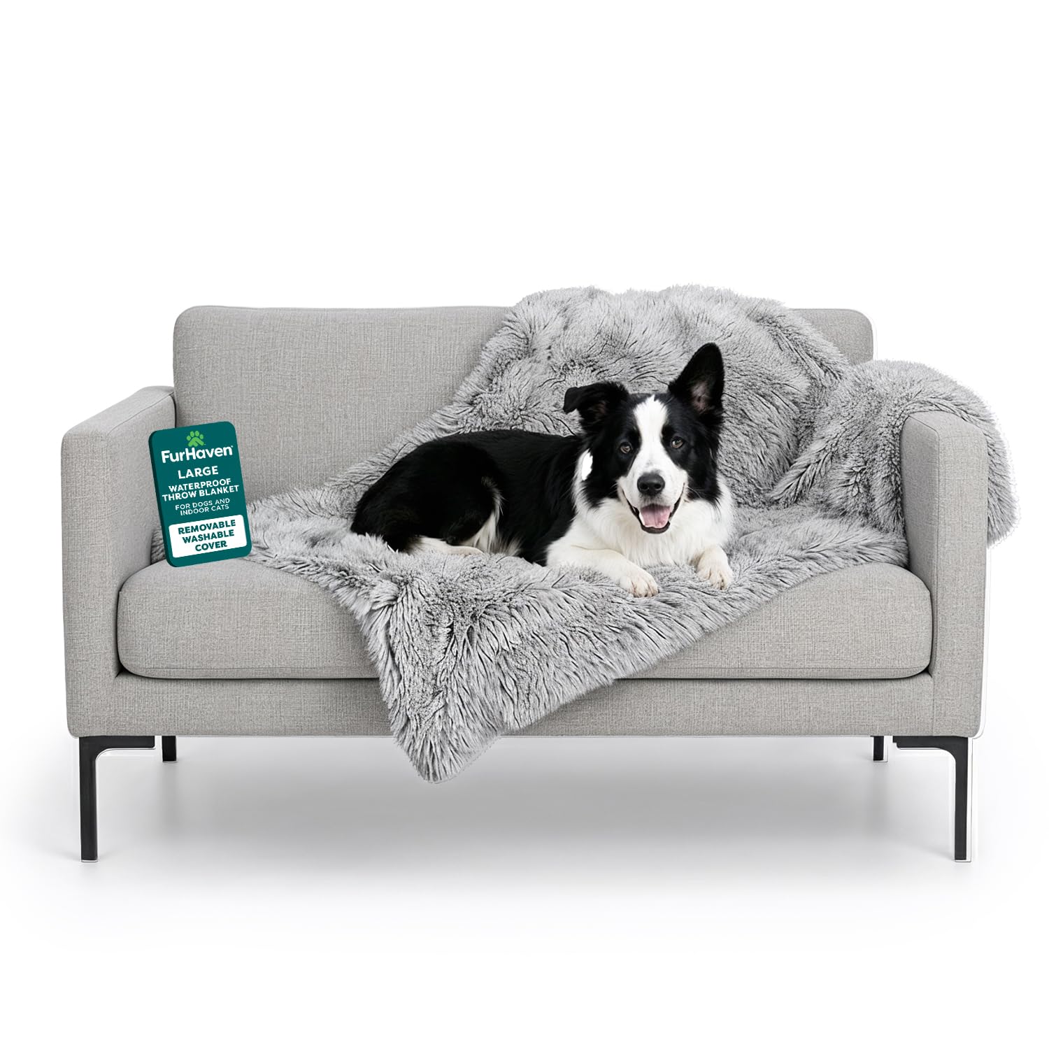 Furhaven Large Waterproof Calming Plush Long Faux Fur & Velvet Dog Blanket, Washable - Mist Gray, Large