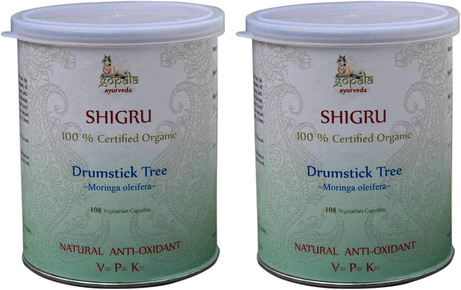 SHIGRU (Moringa) Capsules (USDA Certified Organic) Ayurvedic Herb Moringa oleifera - 108 Vcaps of 500mg Each (Pack of 2)