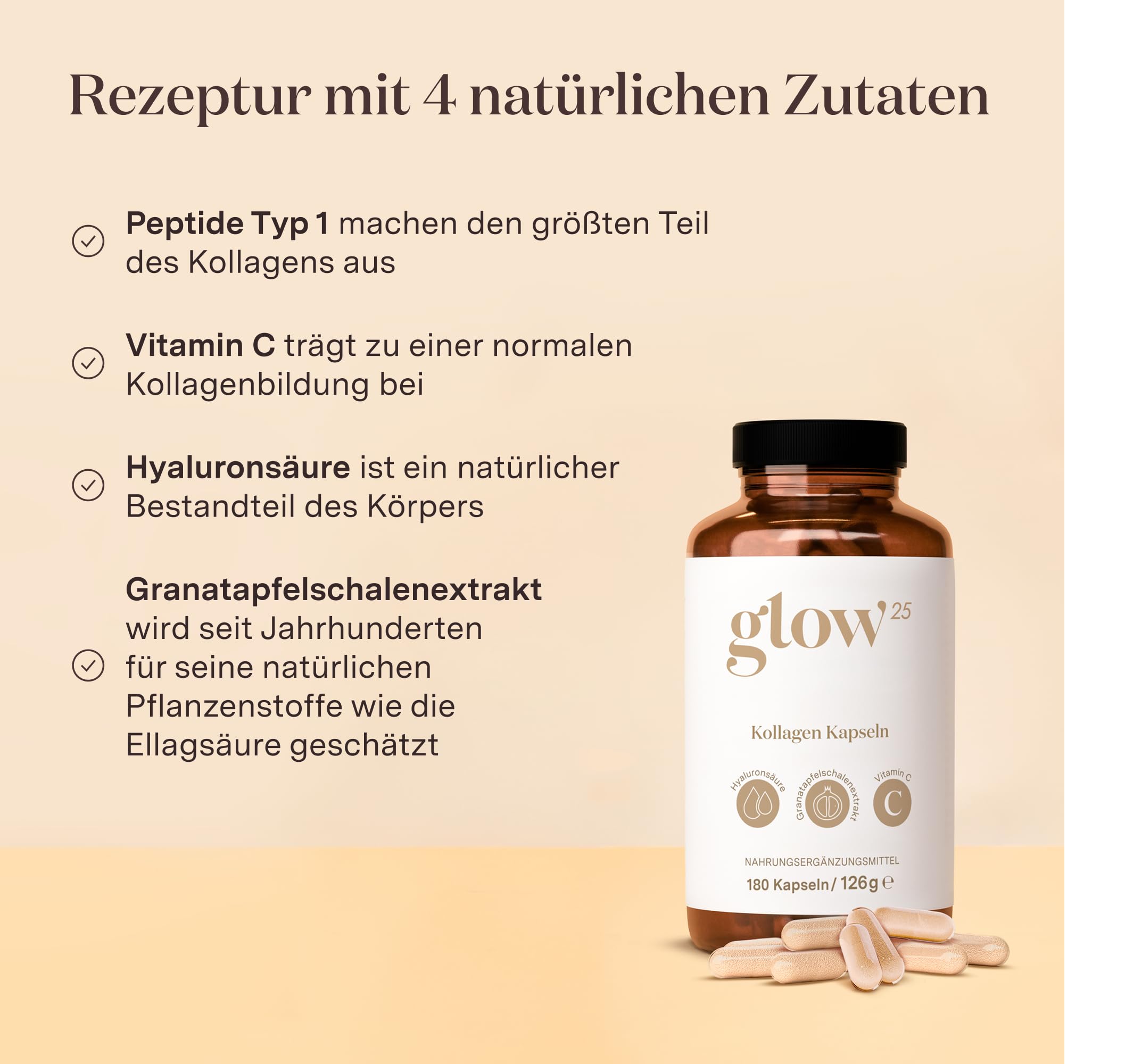 Glow25® Kollagen Kapseln hochdosiert [180 Kapseln] mit Hyaluronsäure und Vitamin C | Premium Collagen Complex | Laborgeprüft 2
