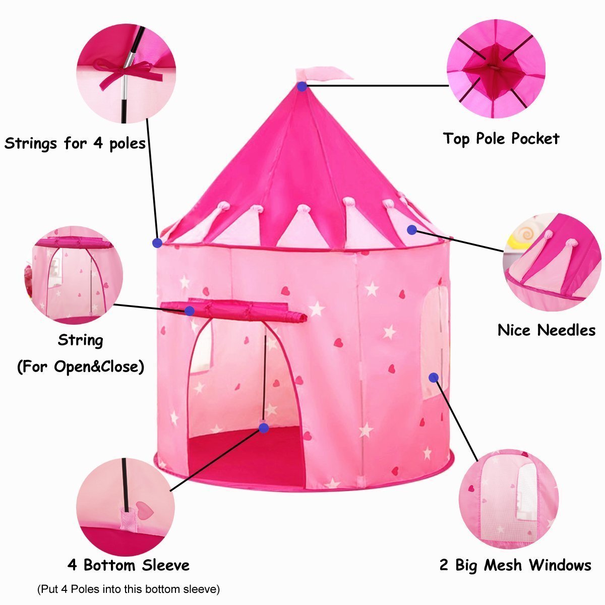 Rapidly boy Princess Castle Girls Play Tent Glow in the Dark Stars - Childrens Play Tents for Indoor & Outdoor Use,Easy to Folding back with Storage Carry Bag Pink