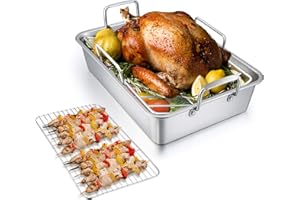TeamFar Roasting Pan with Rack, 14 Inch Stainless Steel Turkey Roaster Lasagna Pan with V-Shaped Rack & Cooling Rack, Healthy & Sturdy, Brushed Surface & Dishwasher Safe, Rectangular - Set of 3