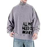 Weetiotio Mens Graphic Sweatshirt Streetwear Baggy Crewneck Hoodie Y2k Grunge Hip Hop Pullover Vintage Acid Wash Sweatshirt