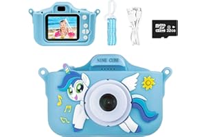 NINE CUBE Kids Camera for 3 4 5 6 7 Year Old,Children Digital Camera with Unicorn Soft Silicone Cover, Best Christmas Birthday Gift for Kids,Blue Toddler Camera for Boys Girls with 32GB Card