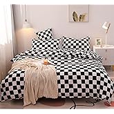 KAREVER Black White Grid Comforter Set Full Black Plaid Bedding Set Girls Black White Checkered Breathable Blanket Set Kids Durable Bedding Comforter Set