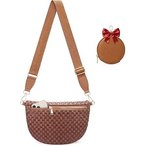 crawing Woven Crossbody Bag for Women Checkered Vegan Leather Bum Bag | Adjustable strap, includes coin pouch, woven checkere