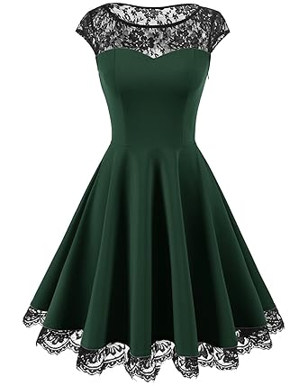 HomRain Damen 1950er Elegant Spitzenkleid Rundhals Knielang festlich Cocktail Abendkleid