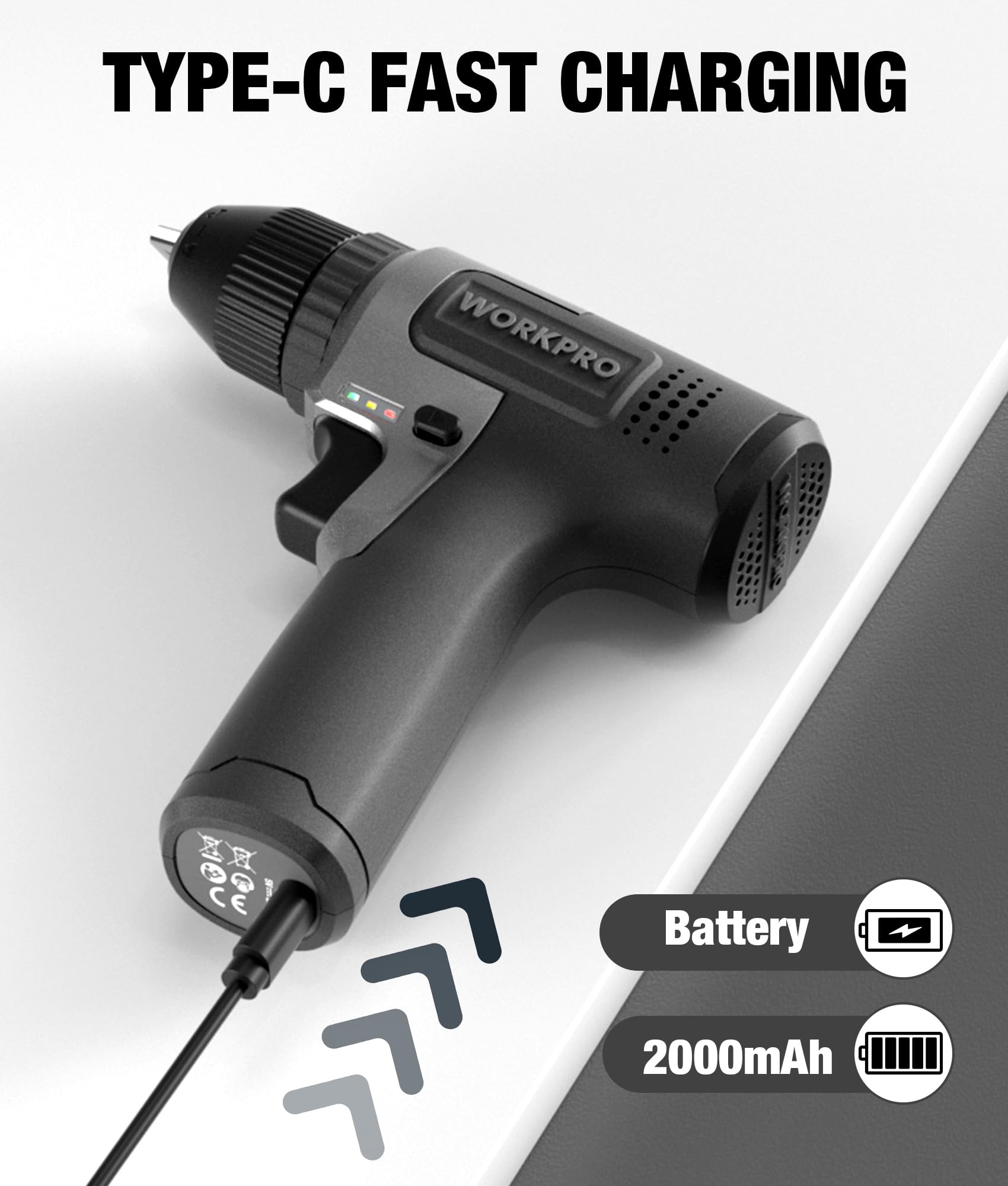 WORKPRO 8V Cordless Drill Set, 2Ah Electric Power Drill with 3/8'' Keyless Chuck, 15pcs Bits, Type-C Charging, Built-in LED and Variable Speed for Drilling and Screwing
