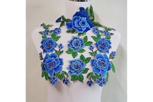 FEEPOP 5 Pcs Embroidery Rose Flower Sew On Patch Dress Hat Bag Jeans Applique Crafts Clothing Accessories DIY (Blue)