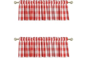 UPOPO 2 Pieces Valences Buffalo Check Kitchen Tier Curtains Classic Plaid Gingham Farmhouse Window Curtain Valance Living Room Bedroom Rod Pocket Red & White 56"x 16"
