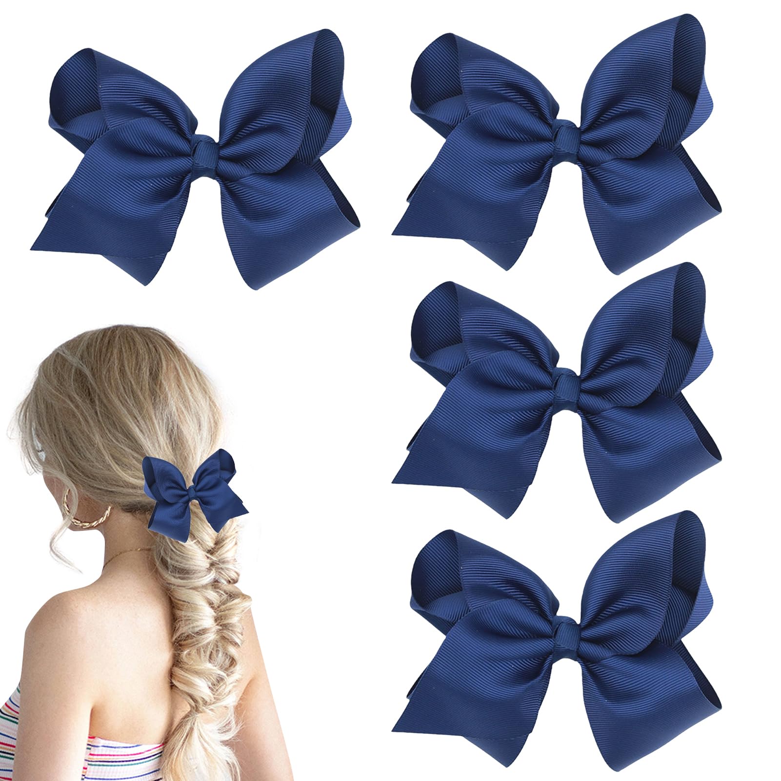 4 Pcs Navy Blue Hair Bow, Ribbon Bow Hair Clips French Solid Bowknot Satin Silky Princess, Navy Hair Accessories, School Cheerleader Barrettes Ponytail Barrette for Toddler Teens Women Girls
