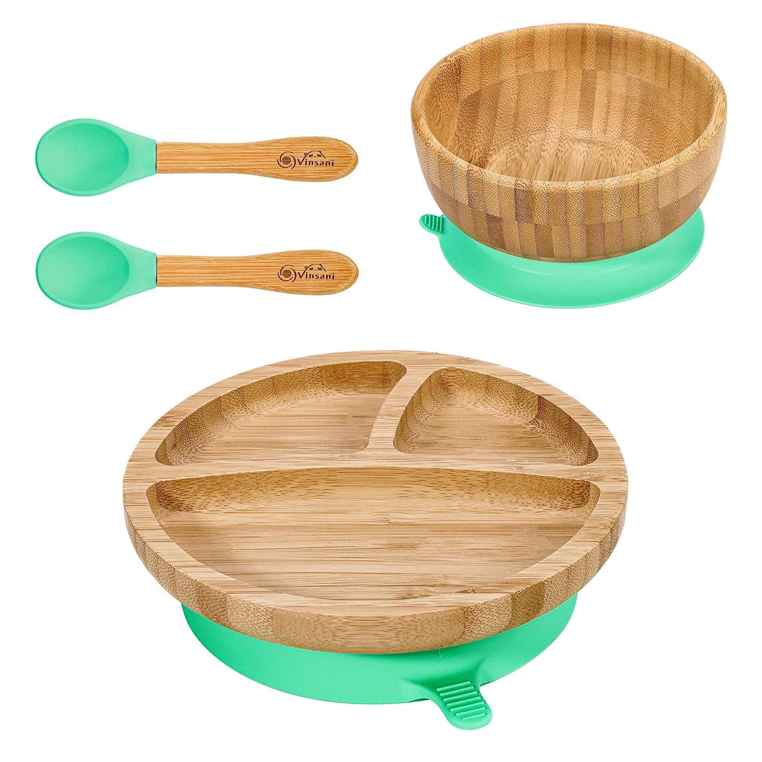 Vinsani Bamboo Bowl, Round Plate and Spoon Set for Baby/Toddler, Suction Plate, Stay-Put Design, Hypoallergenic and BPA-Free (Green)