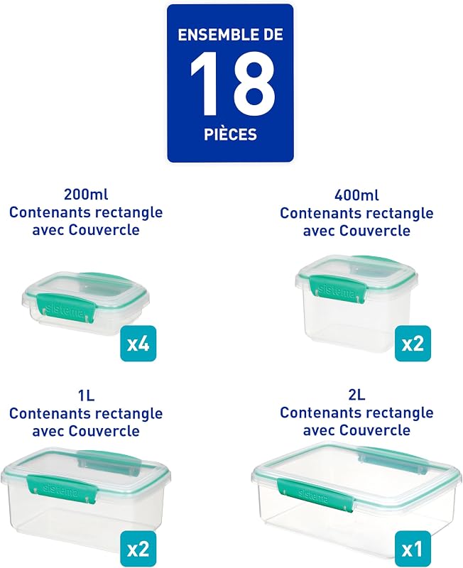 KLIP IT 9 Boîtes Alimentaires et Couvercles, Sarcelle, 18 Pièces