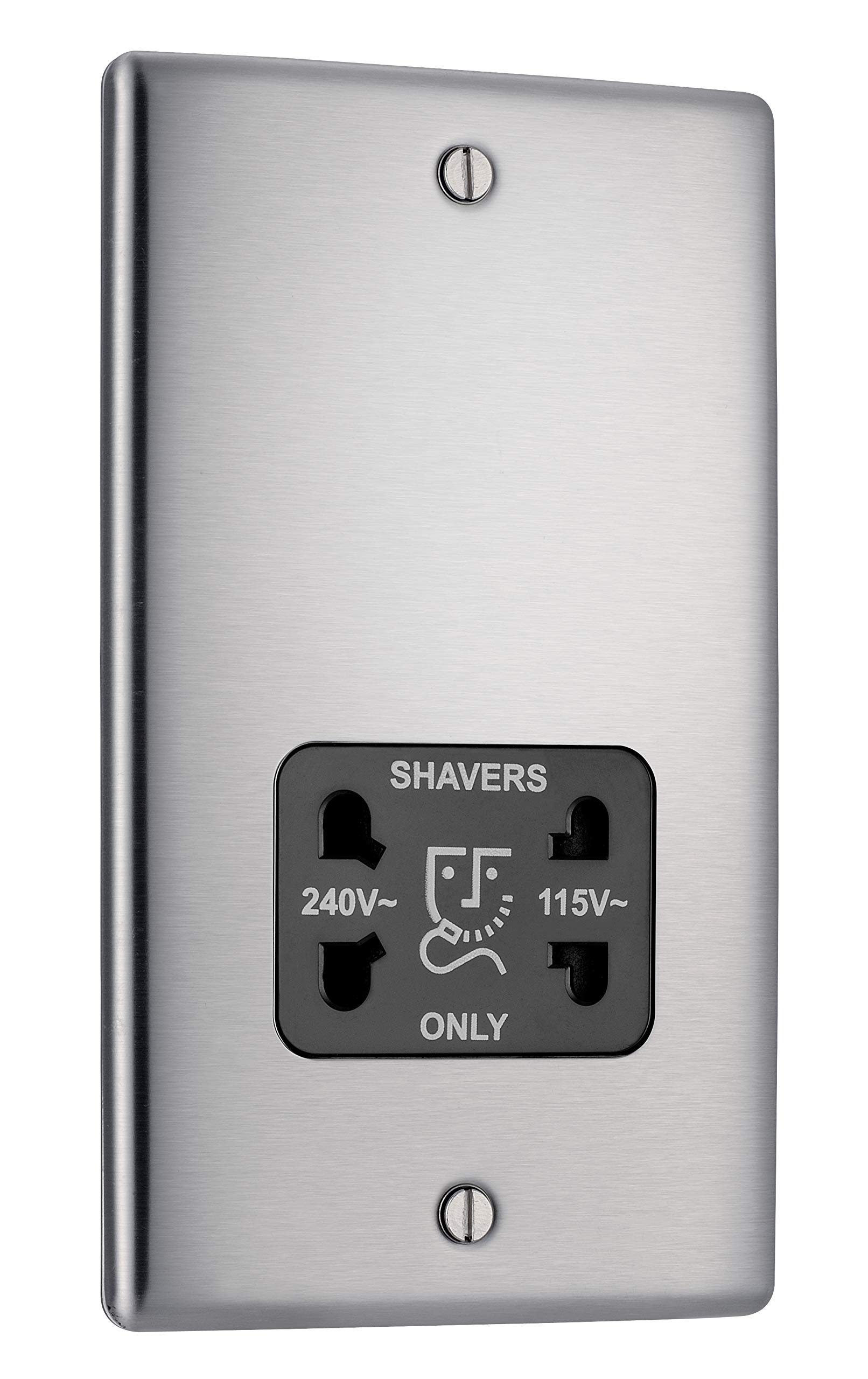 BG Electrical 115-and 240-V Dual Voltage Shaver Socket, Brushed Steel with Black Insert