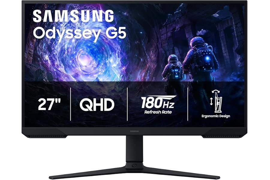 Samsung 27" Odyssey G5 (G51F) Gaming Monitor - QHD (1440P), 180Hz, 1ms, AMD FreeSync, HDR10, Height Adjustable Stand, Black Equalizer, Virtual Aim Point, Auto Source Switch+, LS27FG512ENXZA