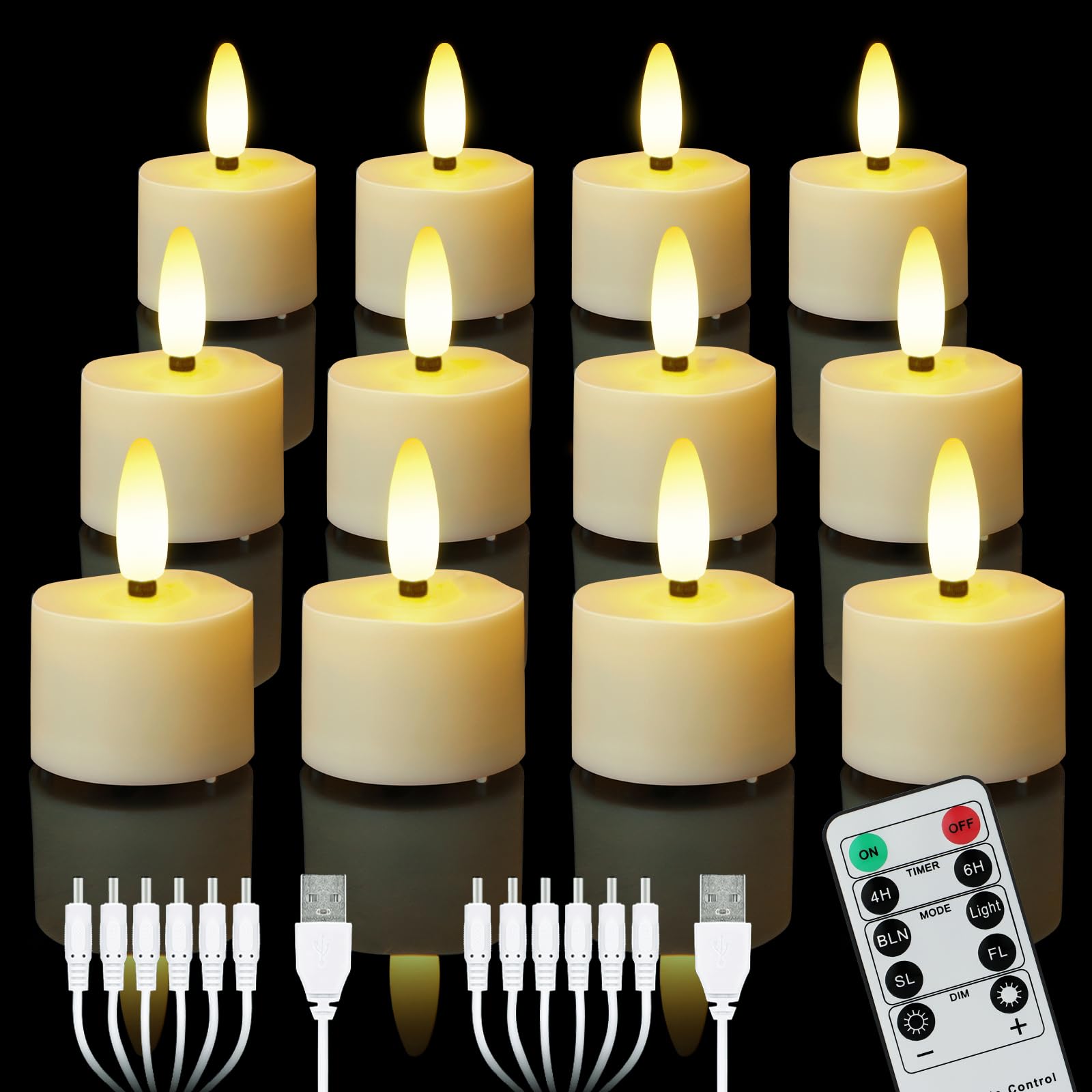 ZIYOUDOLI 12pcs USB Rechargeable Tea Light Led Candles Flickering Flameless Tea Lights with Remote Control and 4/6H Timer, Warm White Flickering Dimmable, Thanksgiving Halloween Home Décor