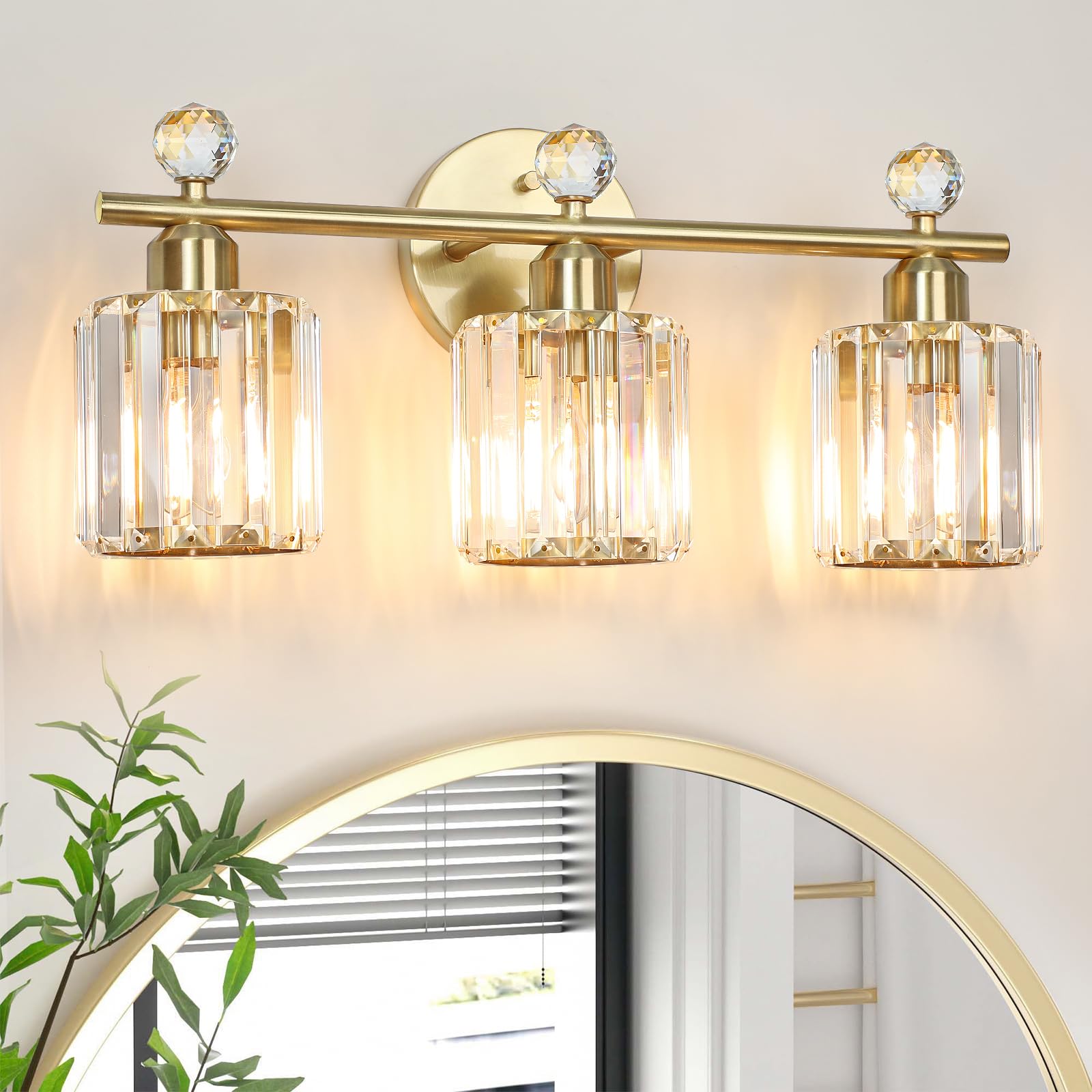 Photo 1 of KunruiTAI 3-Light Gold Bathroom Light Fixtures Modern K9 Crystal Vanity Lights Wall Sconce with Stainless Steel Base, Elegant Bathroom & Bedroom Lighting, Secure Packaging