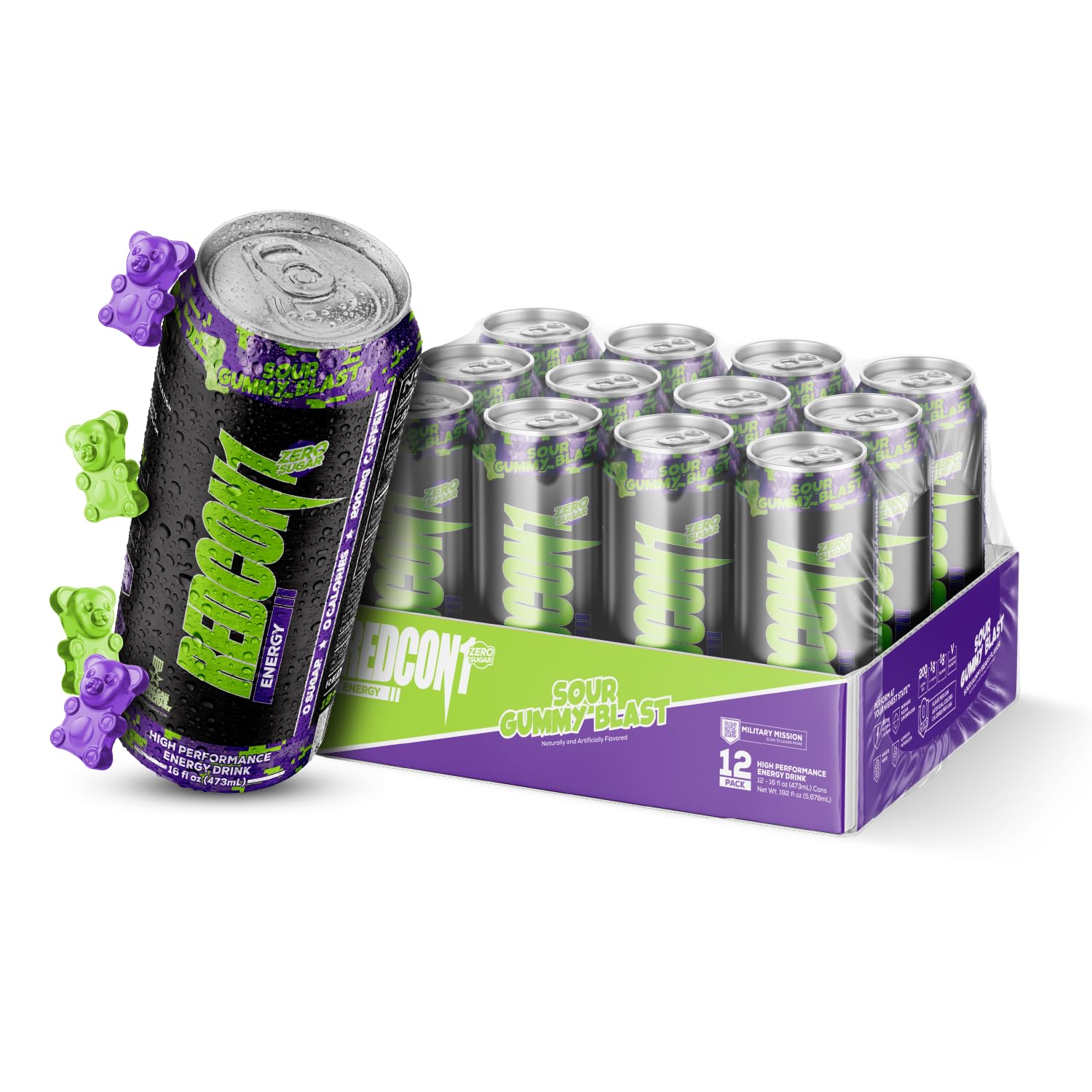 REDCON1 Energy High Performance Drink, Sour Gummy Blast - Zero Sugar Energy Drink with Alpha GPC Nootropic - 200mg Natural Caffeine from Green Coffee Beans - Vitamin B6, B12 & B5 to Boost Mood (12 ct)
