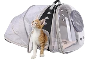 HALINFER Dual Expandable Cat Backpack with Bubble Dome, Large Cat Carrier Space Capsule Clear Window, Fits up to 20 Pounds Fat Cat, Small Puppy and Bunny, Pet Travel Vet Bag