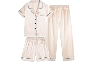 Vopmocld Satin Pajama Sets Unisex Boys and Girls Silk Button Down Short Sleeve & Shorts & Pants Sleepwear 3PCS Loungewear PJS