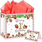 Anyangzhao Strawberry 1st Birthday Gift Bag, First Birthday Gift bag with Card and Tissue Paper, Berry First Bday Party Decorations for Baby Girls, Baby Shower, Strawberry Themed Party Favor Supplies