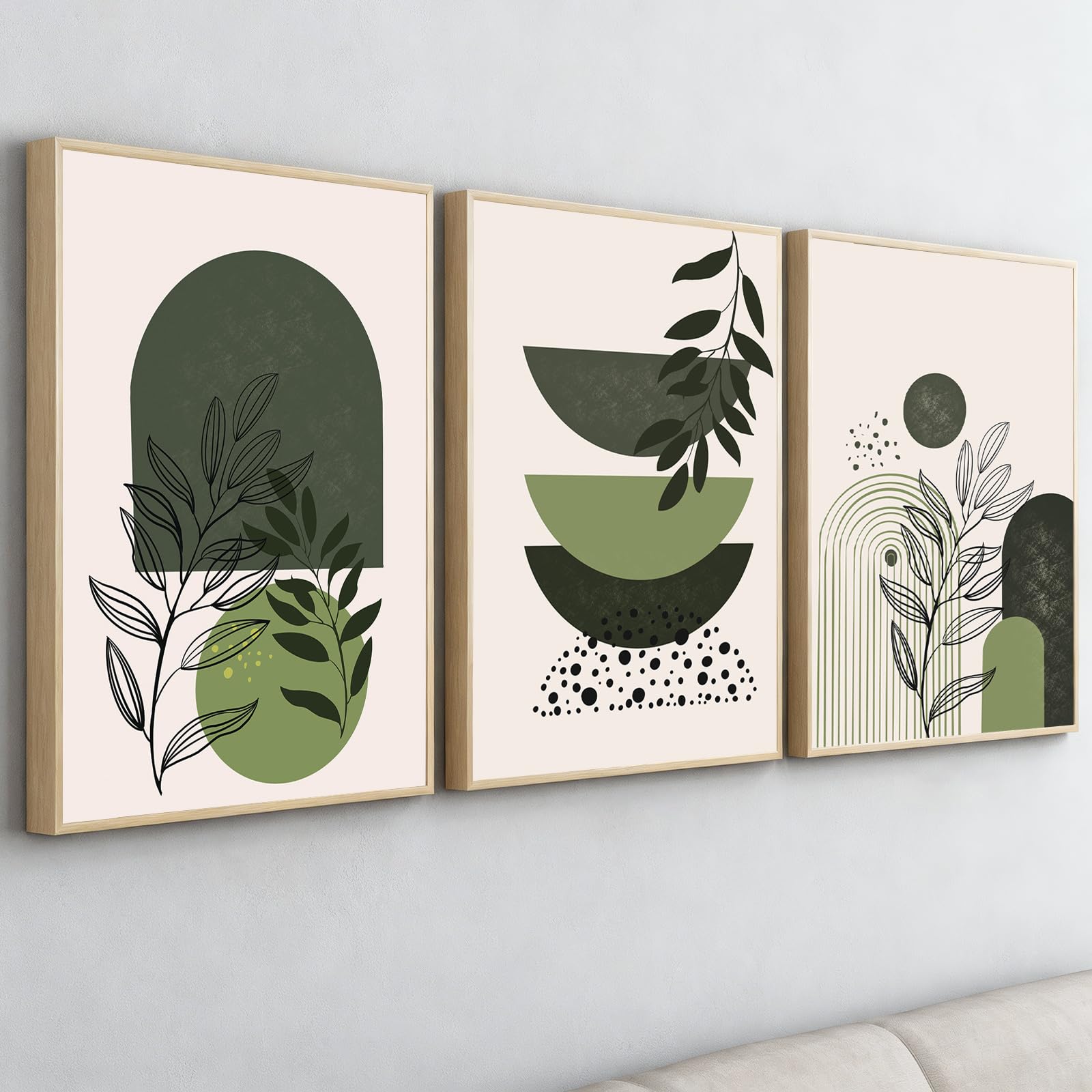 PWAAHDC Sage Green Framed Wall Art Set of 3, Boho Abstract Prints for Living Room or Bedroom, Beige Green Geometric Canvas Home Decor 12"x16" (30x40cm) — image 1
