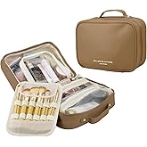 MENRU Travel Makeup Bag Large Capacity Cosmetic Organizer Waterproof Leather Toiletry Bag with Brush Holder and Handle Portable Cosmetic Storage Bag for Women Girls Gift - Brown