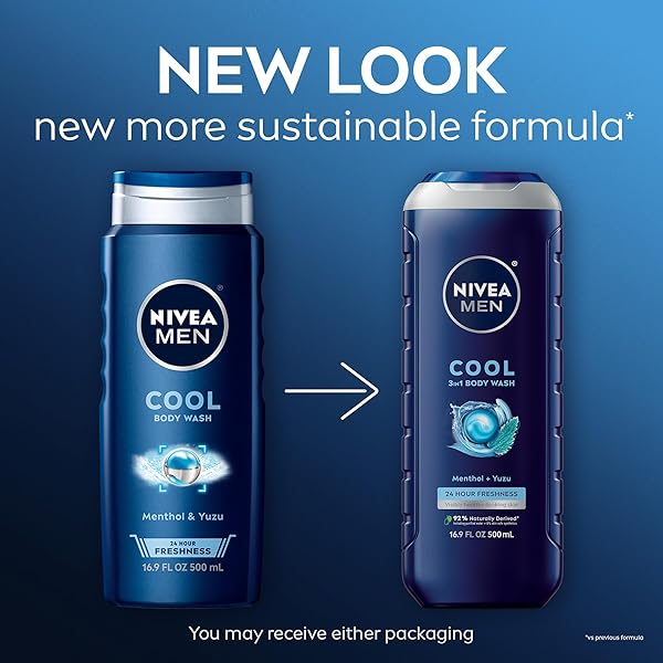 NIVEA MEN COOL BODY WASH, ICY MENTHOL AND YUZU SCENT, 3-IN-1 MEN’S BODY WASH, FACE AND HAIR, PARABEN FREE, PH-SKIN FRIENDLY, 16.9 FL OZ BOTTLE