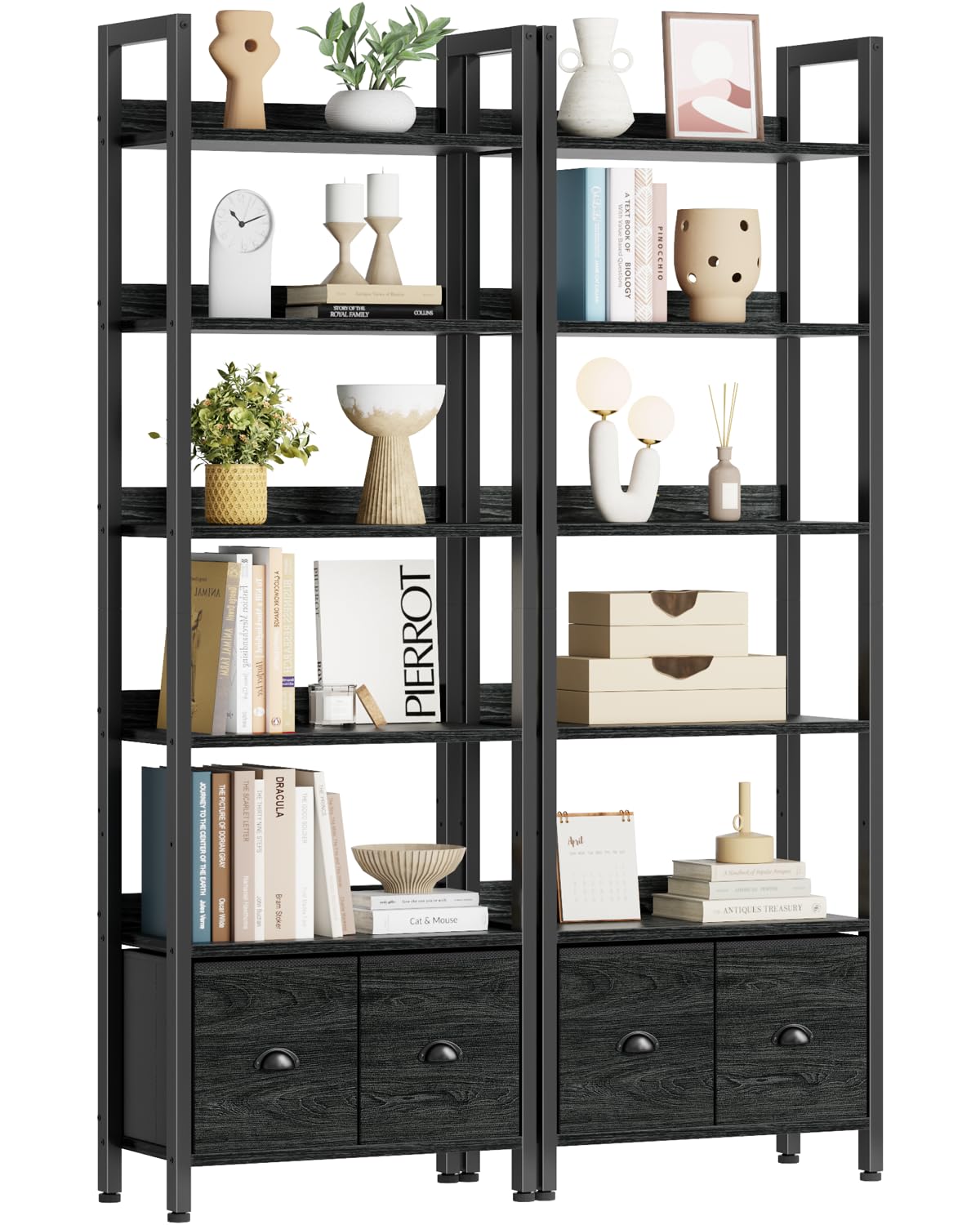 Furologee 6-Tier Bookshelf Set of 2, Tall Bookcase with 2 Drawers and Shelves, Industrial Display Free Standing Shelf Units, Storage Rack Organizer for Bedroom, Living Room, Home Office, Black Oak Image