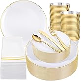 Festiva 350Pcs Gold Plastic Plates - White and Gold Dinnerware Set Disposable include 10" & 7" Plates,Cups,Silverware,Napkins -serve 50 Guests Perfect for Wedding& Easter&Birthday Party