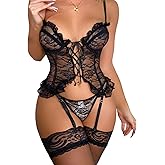 ssgrlvok Women Lingerie Sexy Floral Lace Lingerie Set 3 Piece Bodysuit Teddy Outfit with Bustier G-string and Stockings