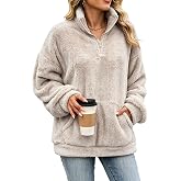 GaoCold Womens Fuzzy Fleece Quarter Zip Pullover Sherpa Mockneck Sweatshirt | Long Sleeve Half Zip Jackets With Kangaroo Pocket Winter Warm Faux Fur Sweater Coat For Casual Daily Outdoor Work