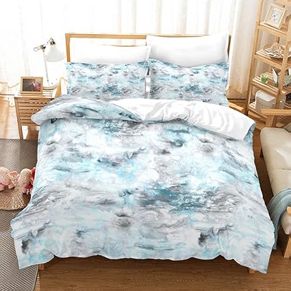Linen Specialist Marble Bedding Set Marble Duvet Cover Set Queen Size Decorative Marble Bed Set Blue And Gray Marble Pattern Printed On White Luxury