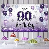 LASKYER Happy 90th Birthday Decorations,90th Purple Balloon Large Birthday Banner Backdrop Sign,Cheers to Ninety Years Old Bday Party Supplies.